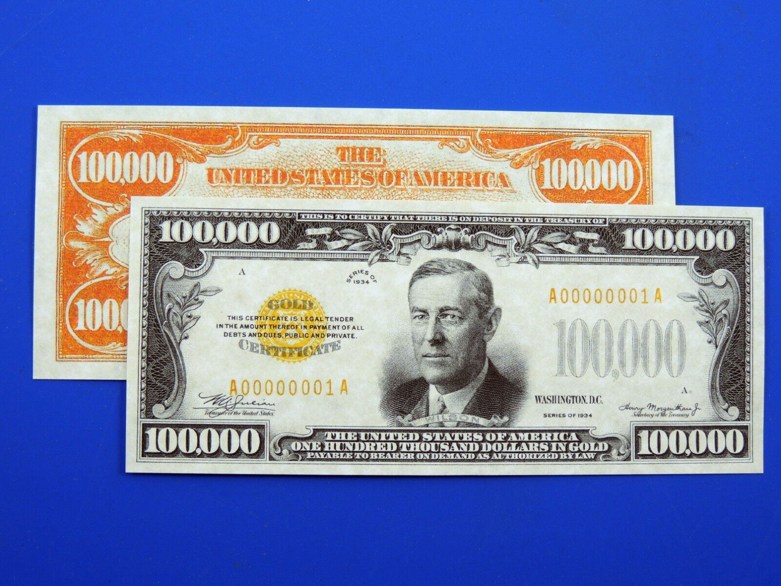 Reproduction $100,000 1934 Gold Us Paper Money Currency Copy