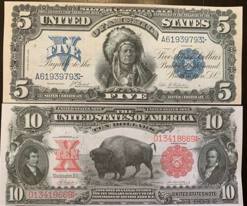 Reproduction Pair $5 Silver Certificate Indian Chief 1899 $10 Us Note Bison 1901