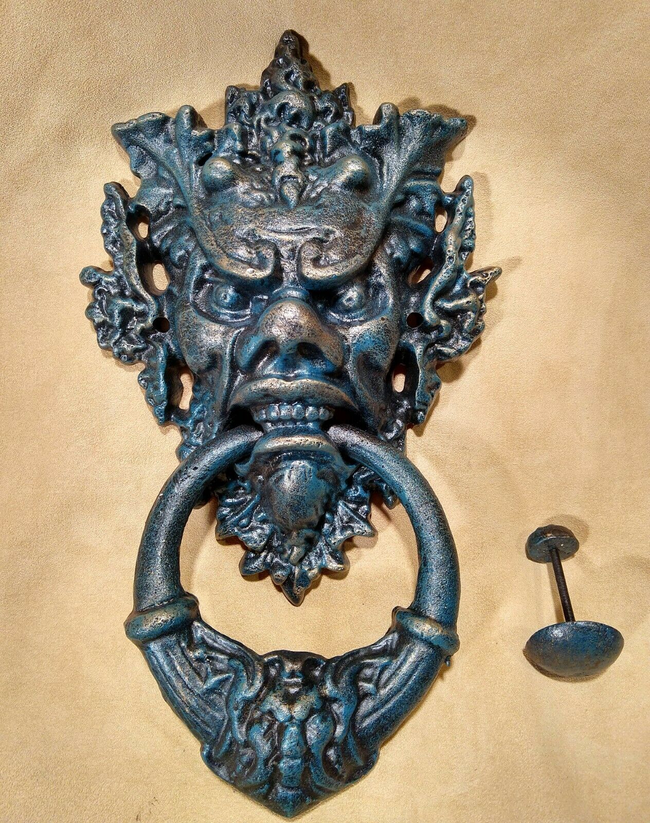 Gargoyle Door Knocker In Gilded Verdigris Patina ~ Cast Iron With Striker Button