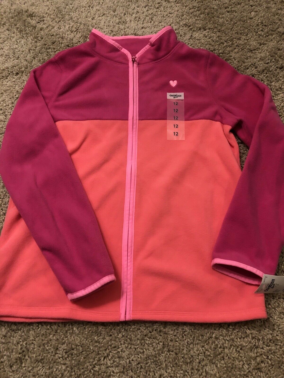 Oshkosh B'gosh Girls Pink Orange Zip Up Fleece Sweatshirt 12 Kids Retails $28